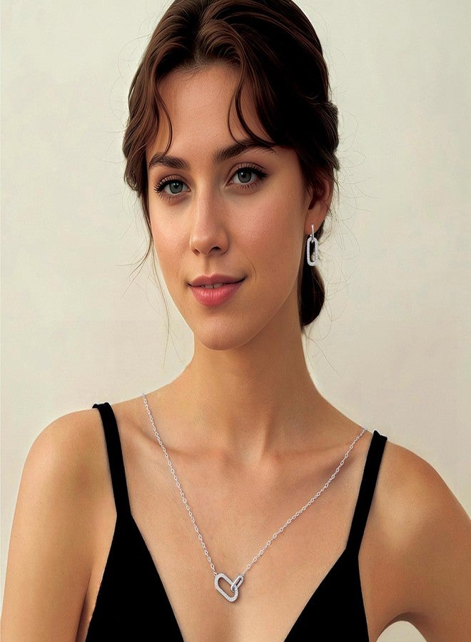 SUNFEEL 925 Sterling Silver Pendant Necklace for Women, Dainty Interlocking Paperclip Necklaces with Cubic Zirconia for Mom Wife Girlfriend Bridal Jewelry Gift for Prom Birthday Anniversary Party (Silver, 18+2'') - Image 2